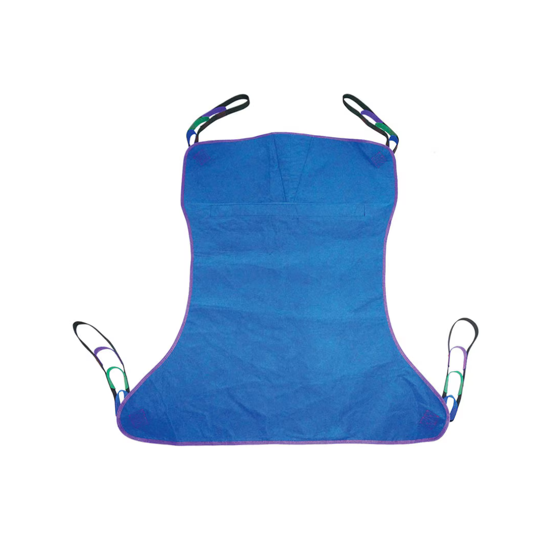 The Rhythm Slings For Patient Lifts is a blue fabric sling with reinforced edges and four black looped straps at each corner, designed for safe lifting and transfer. See Specifications and Warranty details in the Downloads section.
